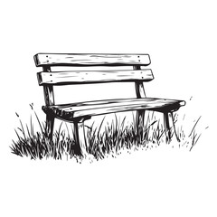 wooden park bench with grass and flowers silhouette