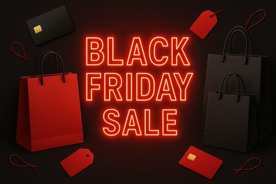 black friday sale background with shopping bags, credit cards, price tags, glowing typography, red and black contrast, modern marketing concept, commercial banner layout, copy space