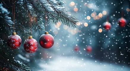 Bright Red Ornaments Dangle From Pine Branches in a Snowy Winter Scene