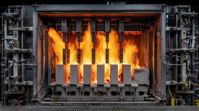 Medium shot of gasfired ingot homogenizing oven in operation showcasing intense flames heating metal ingots for consistent grain refinement and enhanced structural quality.