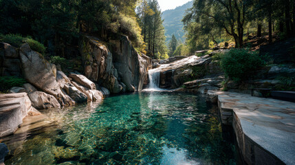 Naklejka premium Waterfall cascading into a crystal-clear pool below.