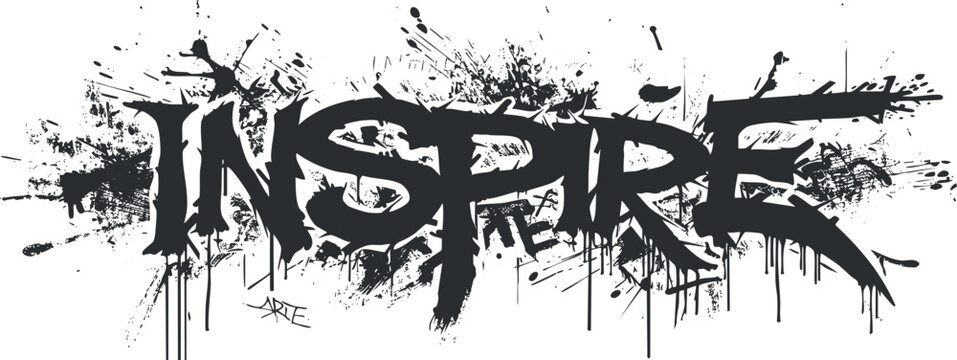 Bold black and white graffiti style vector illustration of the word 'Inspire' with splatter effects for urban art projects.