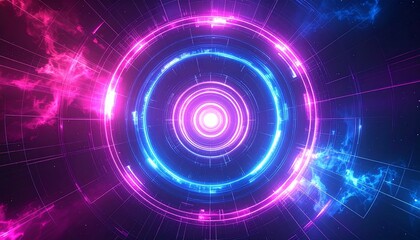 Obraz premium Abstract futuristic digital portal with glowing neon blue and pink energy rings and particles