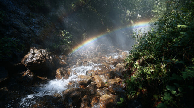 Waterfall hike with rainbows forming in misty sunlight. 
