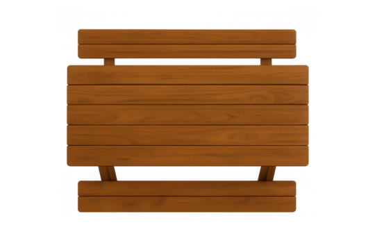 Wooden park bench top view, traditional outdoor seating furniture with brown planks, isolated object on transparent background