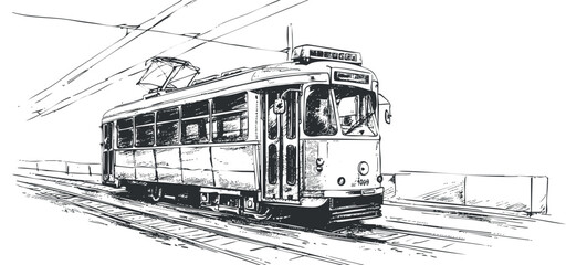 Detailed black and white vector illustration of a vintage tram, ideal for transportation-themed design projects and urban art.