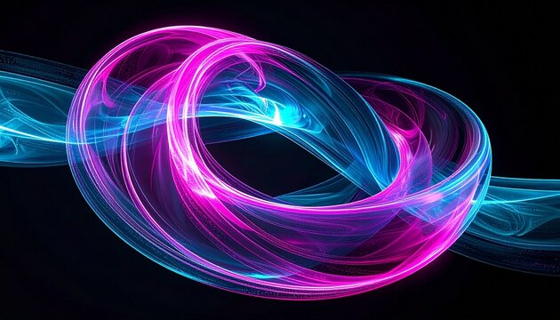 Abstract glowing torus knot shape with dynamic light trails in neon pink and blue hues against a dark background, representing motion and energy