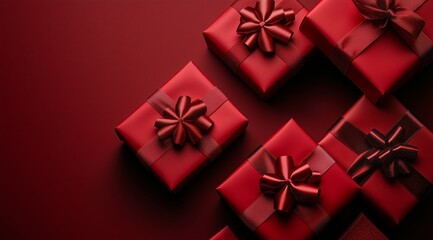 Fototapeta premium Beautiful Red Gift Boxes Arranged on Dark Background for Special Occasions