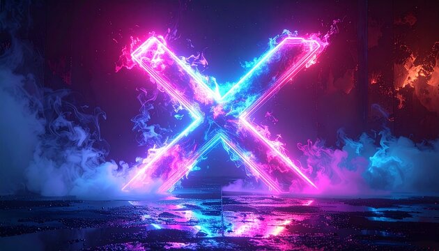 Neon X A captivating display of vibrant, glowing letters amidst a smoky, futuristic backdrop