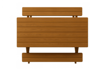 Wooden park bench back view with seating and backrest, brown wood planks on transparent background