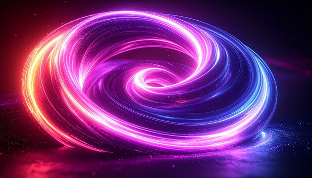 Glowing abstract cosmic portal featuring swirling neon pink and blue light trails creating a dynamic energy vortex