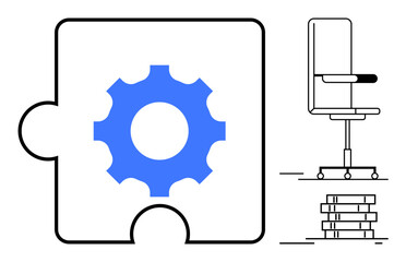 Gear puzzle piece beside modern office chair and stacked papers represents teamwork, productivity, efficiency, collaboration, system integration, work-life balance, and minimalist approach. Simple