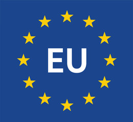 European Union flag with E U text and yellow stars on blue background symbol
