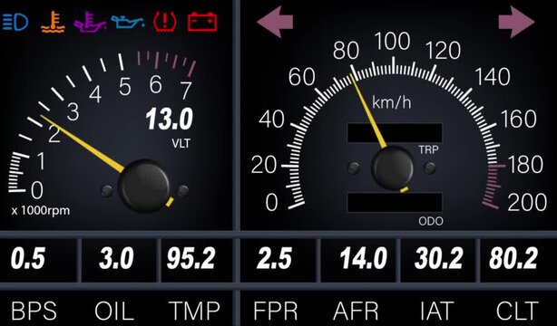 Performance dashboard with real-time telemetry. Racing interface showing engine status and sensor data.