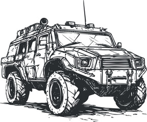 Detailed black and white vector illustration of a rugged military-style off-road vehicle designed for tough terrains and expeditions