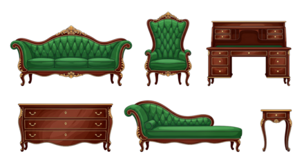 A collection of classic vintage furniture with green upholstery and dark wood, isolated on a white background.