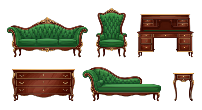A collection of classic vintage furniture with green upholstery and dark wood, isolated on a white background. - Powered by Adobe