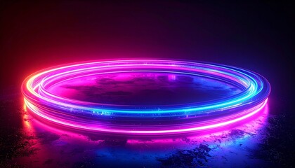 Futuristic circular podium with glowing blue and pink neon rings on a dark reflective floor, creating an empty stage for product display