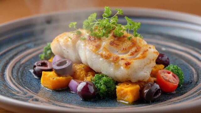 A close-up of a beautifully presented gourmet meal, highlighting a perfectly seared white fish fillet garnished with fresh herbs, resting on a vibrant bed of pureed root vegetables. The healthy and ap