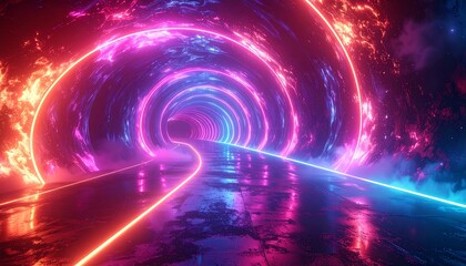 Vibrant Futuristic Neon Tunnel with Reflective Surface Creating an Abstract Hyperspace Journey through Glowing Digital Pathways