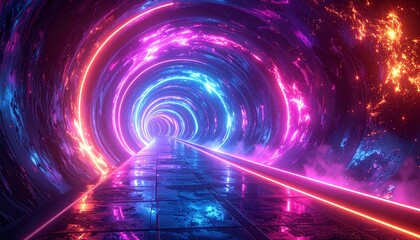 Experience a breathtaking passage through an iridescent, futuristic neon tunnel, a dynamic digital wormhole glowing with vibrant colors and abstract light streaks