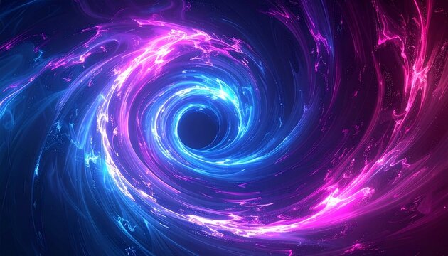 Luminous spiral galaxy portal glowing with vibrant blue and magenta light against a dark cosmic background, an abstract representation of a wormhole