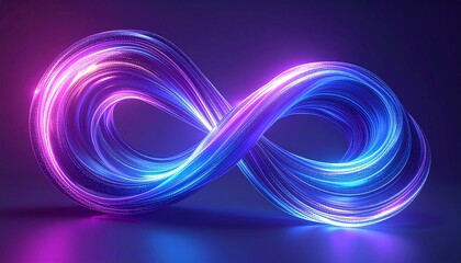 3D render of a luminous infinity symbol glowing with vibrant neon blue and purple lights against a dark background