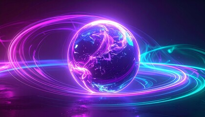 Dynamic purple and cyan light trails orbit a luminous crystal sphere, creating a futuristic and energetic visual concept of cosmic power