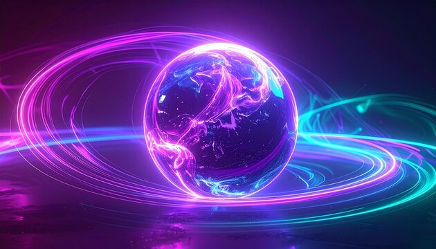 Dynamic purple and cyan light trails orbit a luminous crystal sphere, creating a futuristic and energetic visual concept of cosmic power - Powered by Adobe