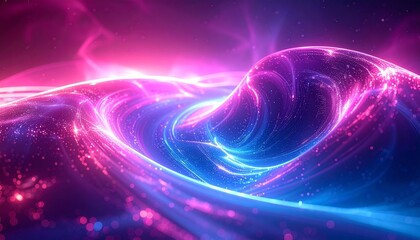 An ethereal digital rendering of a swirling cosmic ocean with vibrant neon pink and blue energy waves, depicting the fabric of spacetime or a distant galaxy