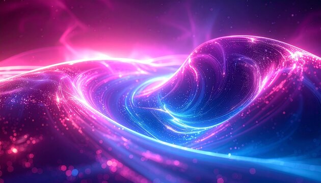 An ethereal digital rendering of a swirling cosmic ocean with vibrant neon pink and blue energy waves, depicting the fabric of spacetime or a distant galaxy