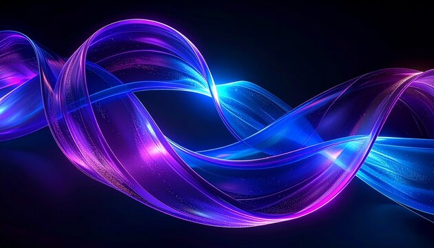 Dynamic digital illustration of an abstract energy flow, featuring luminous blue and purple light trails and waves on a dark background - Powered by Adobe