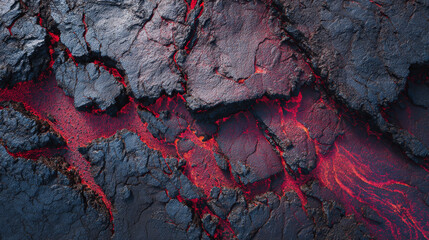 Abstract aerial pattern of cooled lava black textures with red veins.