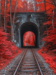 Fototapeta premium Red Leaves Frame a Serene Railway Tunnel Surrounded by Autumn Trees in a Peaceful Forest Setting
