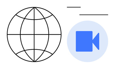 Globe outline symbolizing worldwide reach beside blue video camera icon for communication. Ideal for technology, remote work, digital interaction, teamwork, global interaction, video chat, modern
