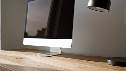 Modern workspace featuring an iMac on a wooden desk with a stylish lamp and natural light from a window