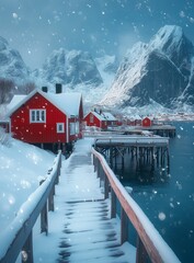 Fototapeta premium Snowy Red Cabins by the Fjord Surrounded by Mountains in a Winter Landscape
