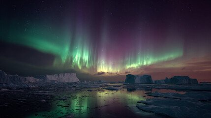 Aurora Australis shimmering above Antarctic icebergs.