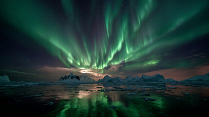 Aurora Australis shimmering above Antarctic icebergs.