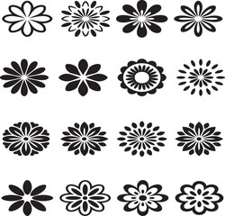 Collection of black and white stylized floral graphic elements