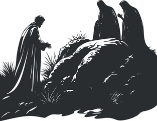 Silhouette vector illustration of three figures in a spiritual scene around a rock, ideal for religious and cultural themes
