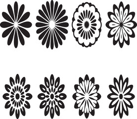 Eight Black Floral Decorative Elements on White Background