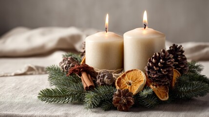 Two Advent Candles in Traditional Evergreen Wreath, Minimalist Christmas Still Life