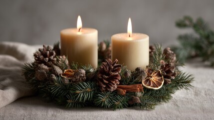 Two Advent Candles in Traditional Evergreen Wreath, Minimalist Christmas Still Life