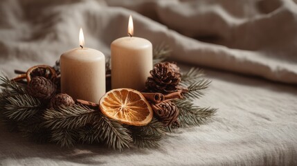 Two Advent Candles Traditional Evergreen