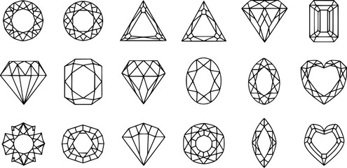 Diamond gem jewel gemstone line icon vector set
