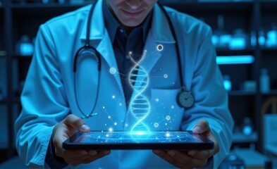 Future of Medicine: Focused Researcher in Lab Coat Viewing Digital Genetic Code