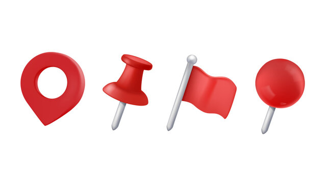 Red pin, map markers showcasing location, navigation, and identification uses. 3D render vector illustration. GPS
