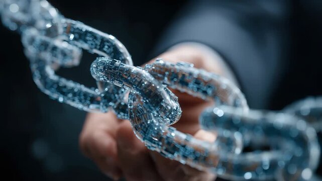 Understanding blockchain technology through a businessman's hand reaching for a visible digital chain in a conceptual setting