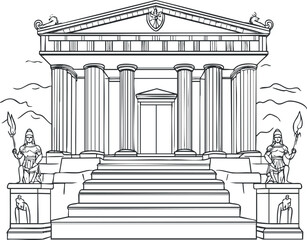 Detailed outline vector illustration of an ancient Greek temple with columns and statues for architectural design projects